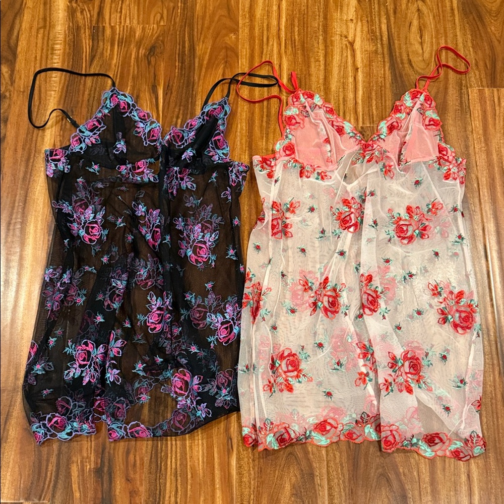 TWO PINK Victoria's Secret Sheer Floral Chemises - Black-White-Red!